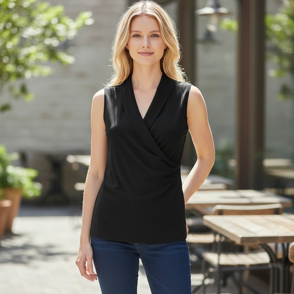 BCBGMAXAZRIA Black Sleeveless Surplice Knit Top Rayon Jersey NJR1B457 M